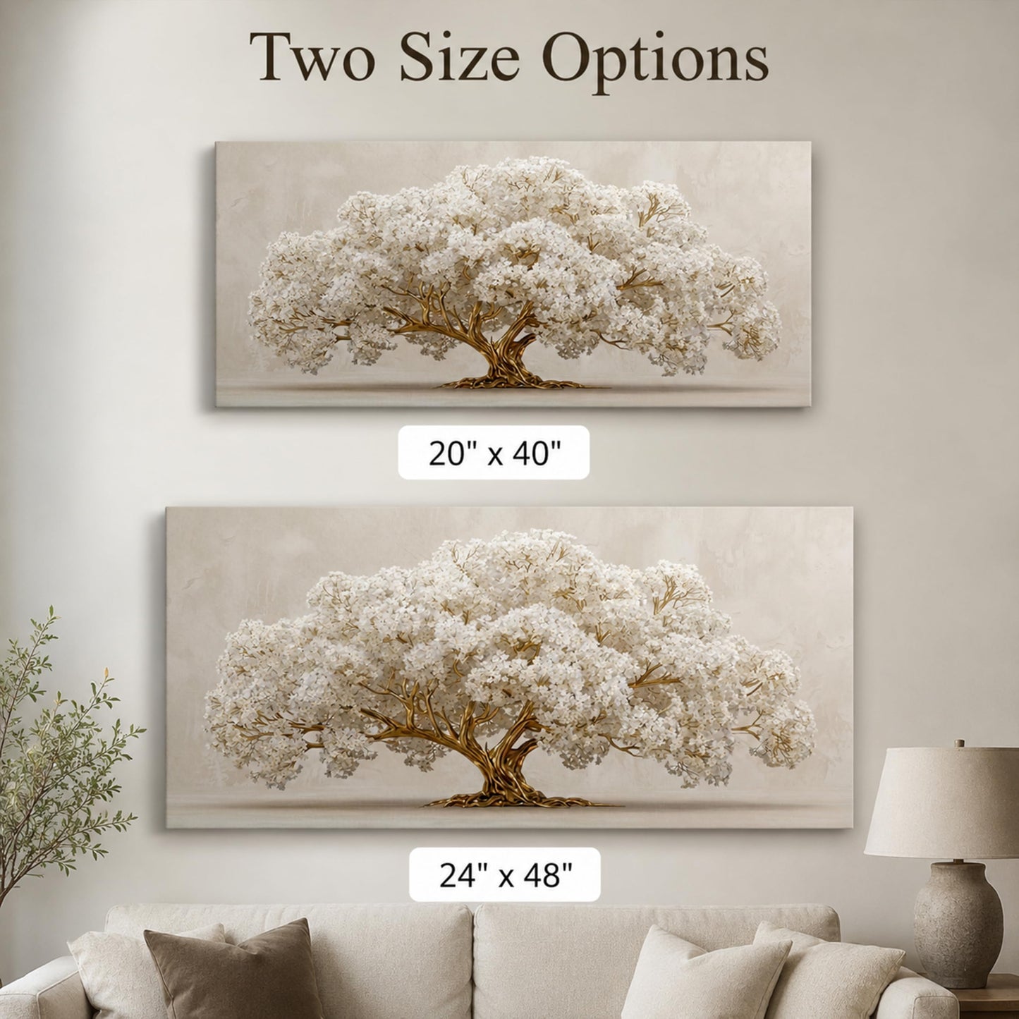 Anpeer Large Tree of Life Canvas Wall Art, Gold and White Big Tree Painting Picture Wall Decor, Neutral Beige Botanical Floral Print Artwork, for Office Living Room Dining Bedroom Home Decoration