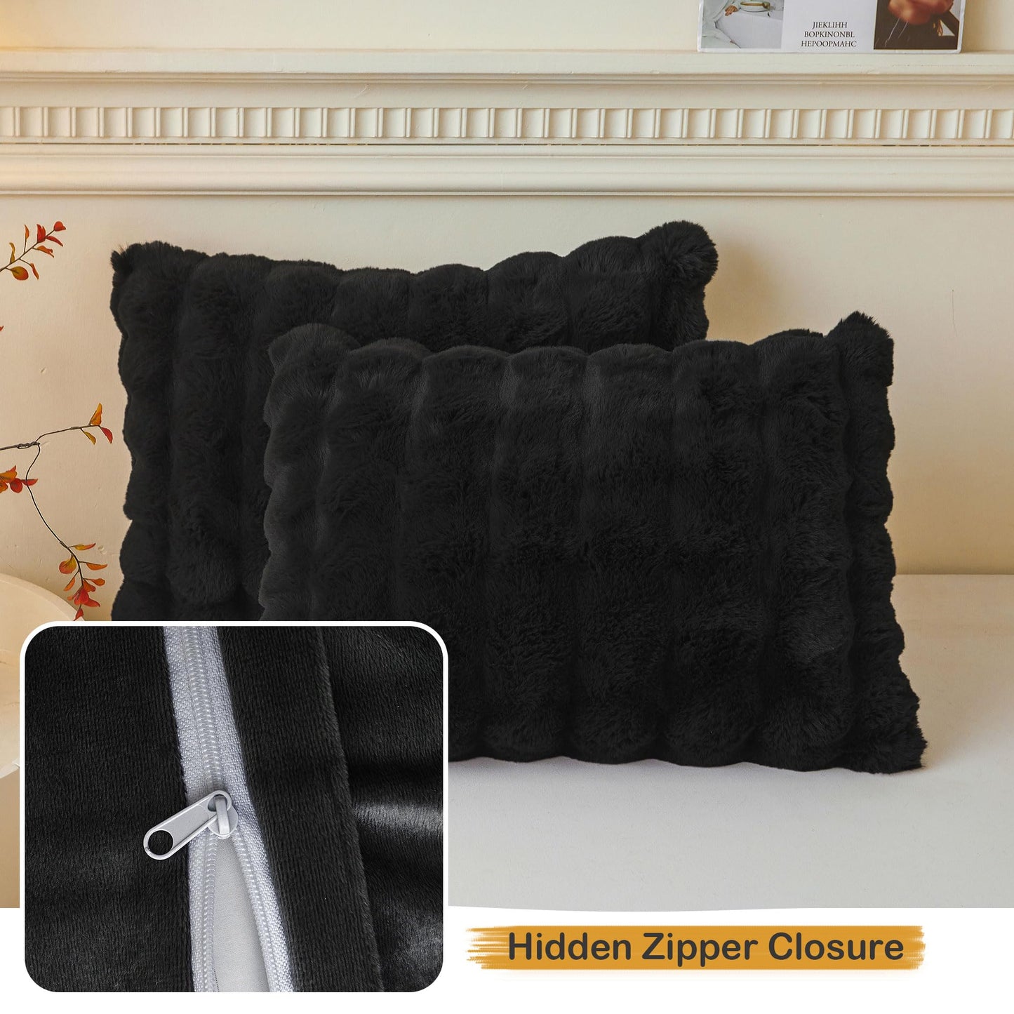 LIFEREVO 2 Pack Fluffy Faux Rabbit Fur Pillow Cases, Luxury Soft Plush Shaggy Bubble Pillowcases Standard Size with Zipper Closure, Furry Fuzzy Long Pillow Shams for Bedroom Living Room 20x26, Black