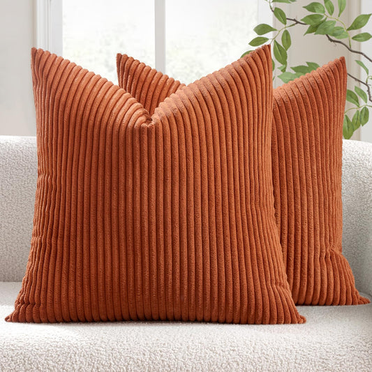MIULEE Decorative Corduroy Pillow Covers Soft Solid Pack of 2 Cushion Cases Boho Square Throw Pillow Covers Rust Farmhouse Pillowcases for Couch Sofa Bed Living Room Home Decor 18 x 18 Inch