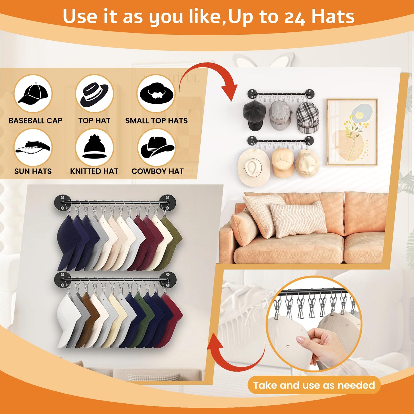 Haikopoon 2 Pack Metal Hat Organizer for Baseball Caps with 12 Large Clips, Wall-mounted Hat Rack Holds up to 24 Hats, Hats Hanger Holder for Closet Wall Storage, Fits All Caps Display-Black