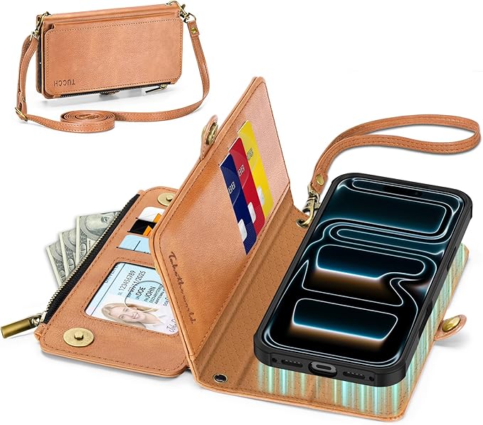 TUCCH Removable Crossbody Case Wallet for iPhone 17 Pro (6.3") 2025, Wireless Charging, RFID Blocking 9 Card Slots, Lanyard, Wrist Strap, Zipper Pocket, PU Leather, Stand Magnetic Cover, Light Brown