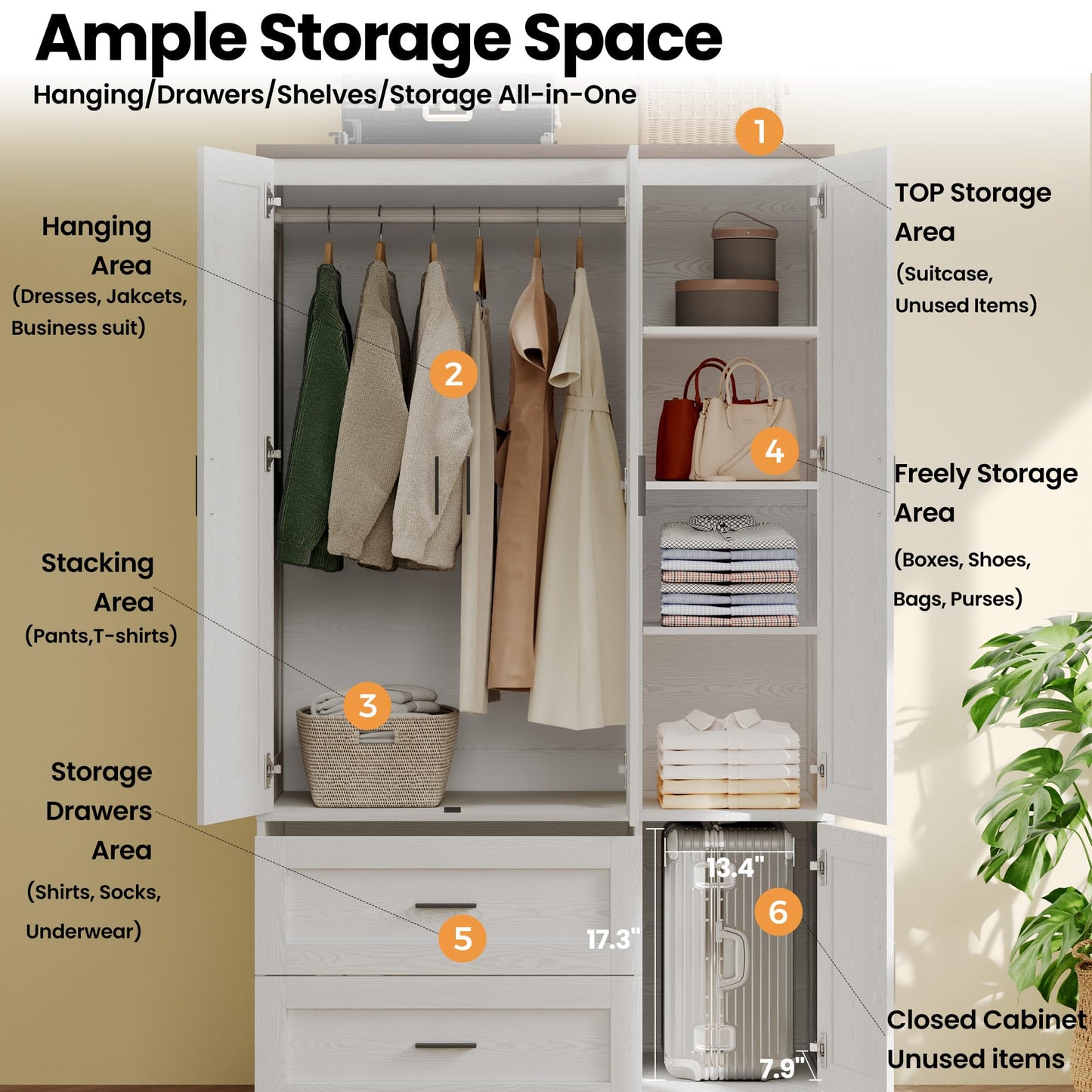 ANCTOR Freestanding Wardrobe Closet 70.6" H, Tall Armoire Wardrobe Closet 3 Doors with Hanging Rod, Drawers, Adjustable Cube Shelves and a Closed Cabinet Organizer Modern Bedroom Clothes Cabinet