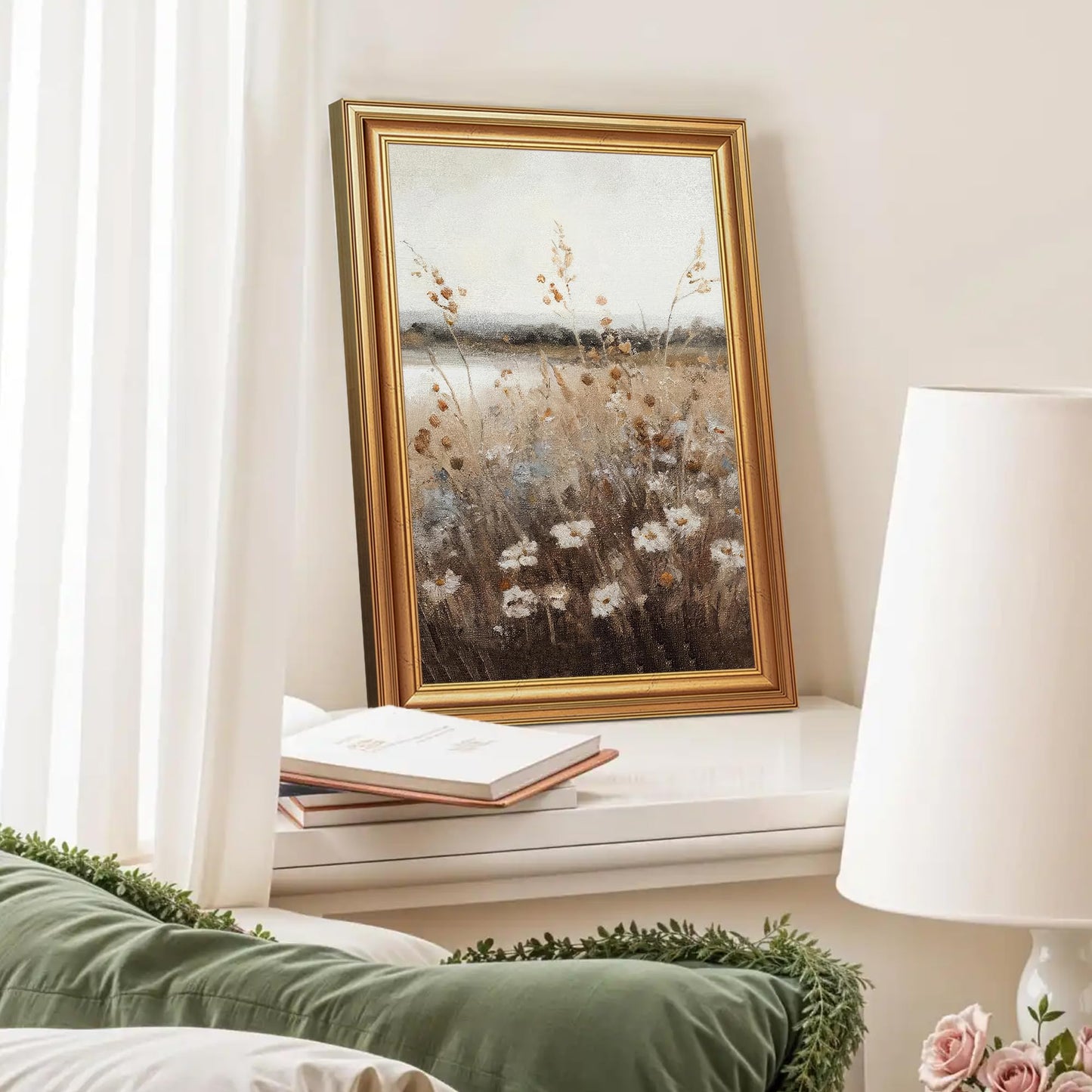 EJPFOGV Vintage Wildflower Meadow Landscape Framed Canvas Wall Art 12x16 in