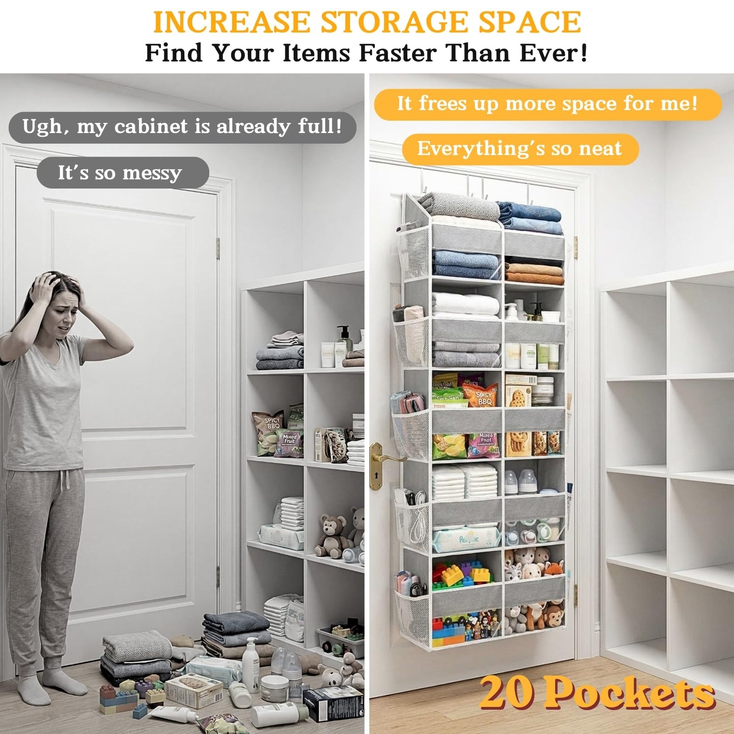 Over The Door Organizer, 5-Tier Extra Large Behind Door Storage with 10 Big Front & 10 Mesh Pockets, 80lb Capacity, Hanging Storage Organizer with Clear Window Kids Toys, Shoes, Diapers, Light Grey