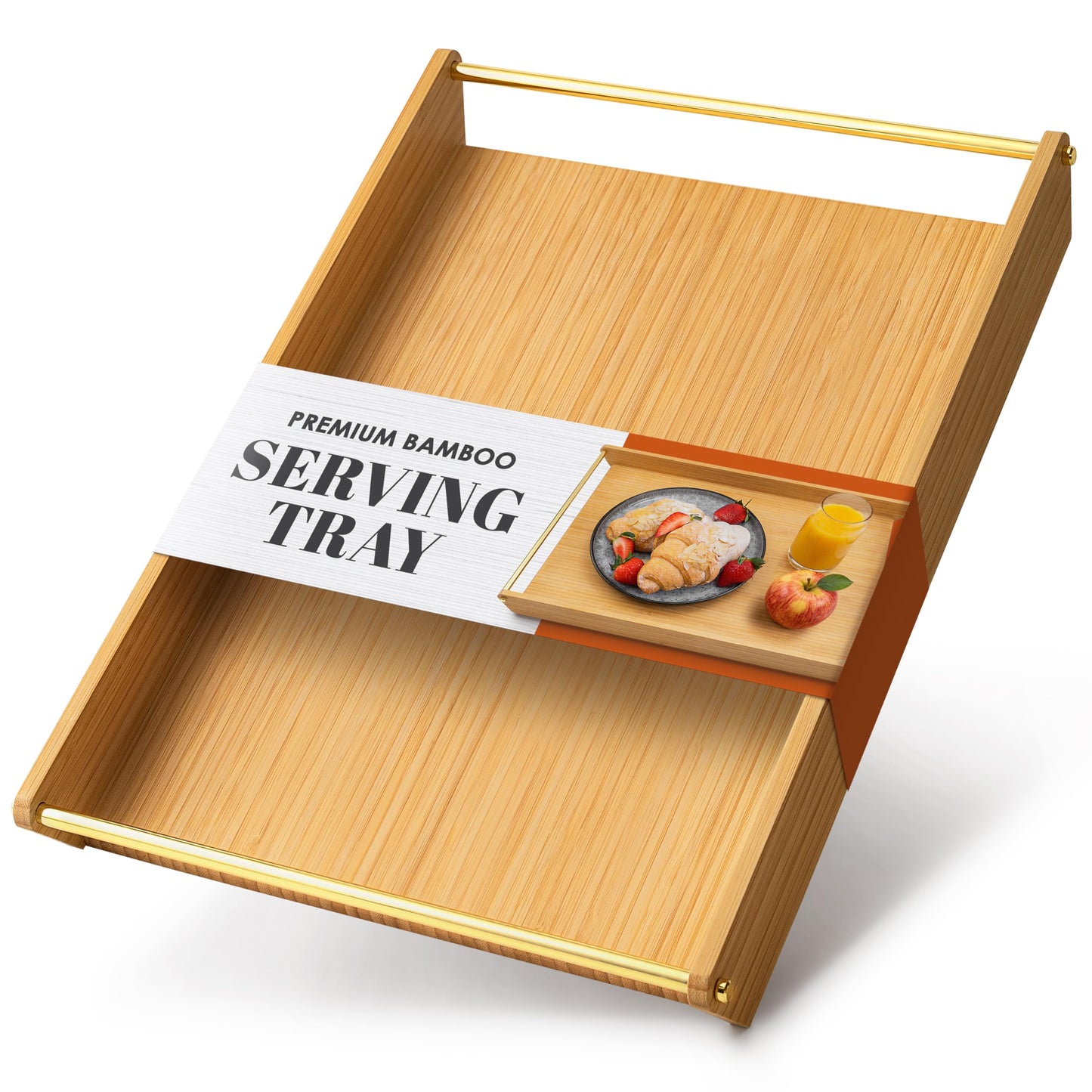Bamboo Serving Tray with Gold Stainless Steel Handles, 16.5" x 11.2" Premium Decorative Ottoman Tray, Coffee Table Tray, Bed Tray for Breakfast in Bed, Living Room Decor