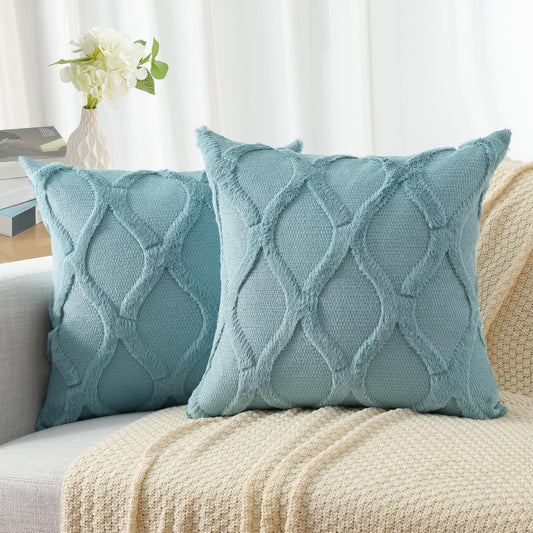 decorUhome Summer Throw Pillow Covers 18x18 Inch Set of 2, Soft Plush Faux Fur Wool Aqua Accent Couch Pillow Covers for Modern Farmhouse Bed Sofa Living Room