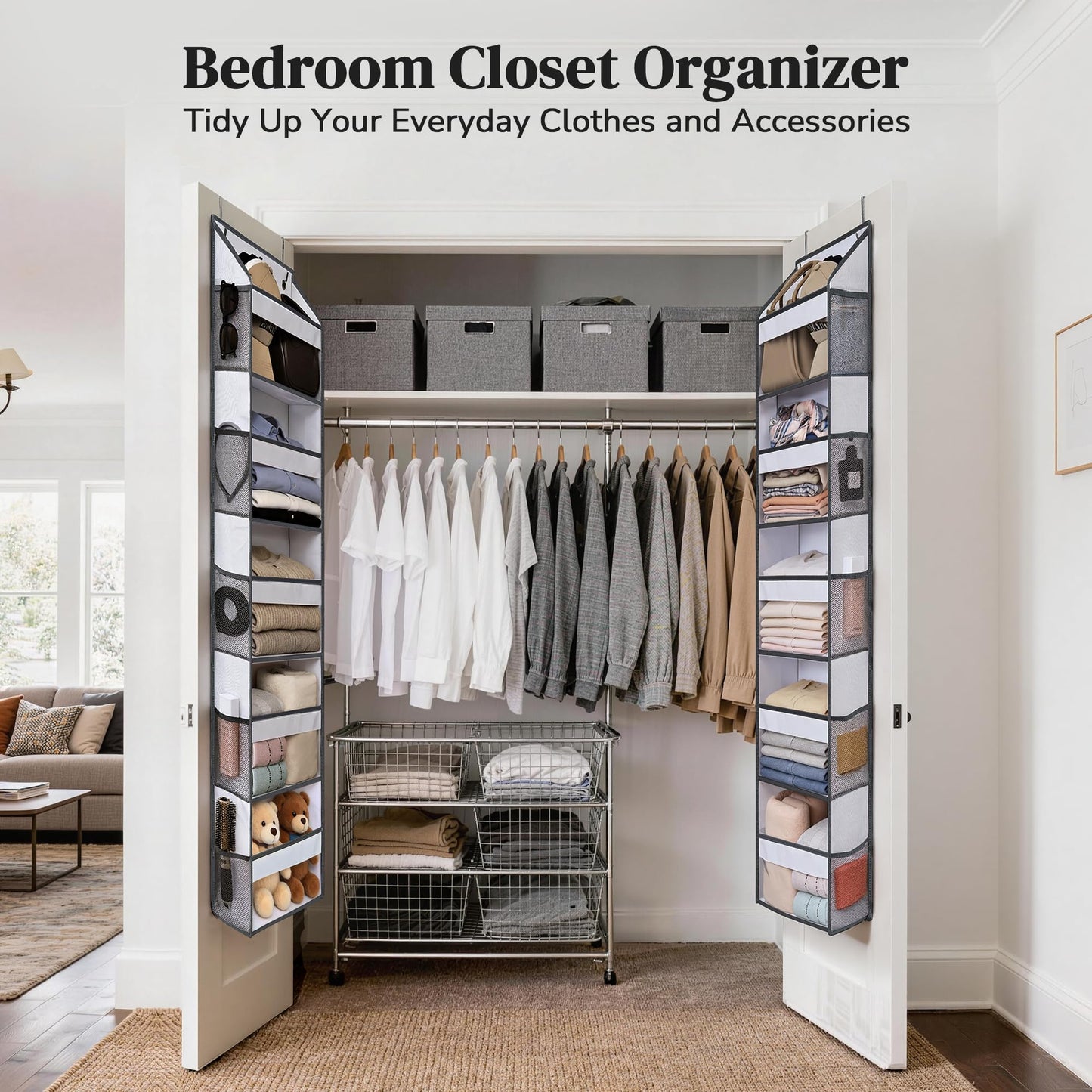 Ordovibe 5 Tiers Ultra-thin Over Door Organizer with 10 Mesh Side Pockets, 44 lbs Weight Capacity Hanging Storage Organizer with Clear Window Kids Toys, Shoes, Diapers, White & Grey
