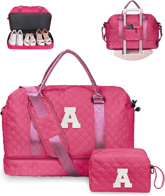Vogewood Women Gift, Teen Gifts for Girls-Initial Travel Bag with Shoe Compartment, Personalized Weekender Bag, Monogram Overnight Bag for Women, Letter Travel Bag with Makeup Bag (Letter A)