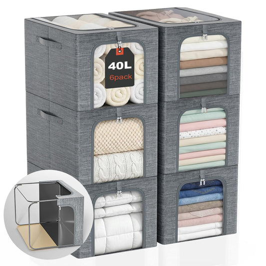 GoMaihe Clothes Storage Bin with Metal Frame: 6-Pack Stackable Closet Storage Bin with Lid & Clear Window, Sweater Boxes Storage for Closet Bedding Clothing Storage Organizer 40L