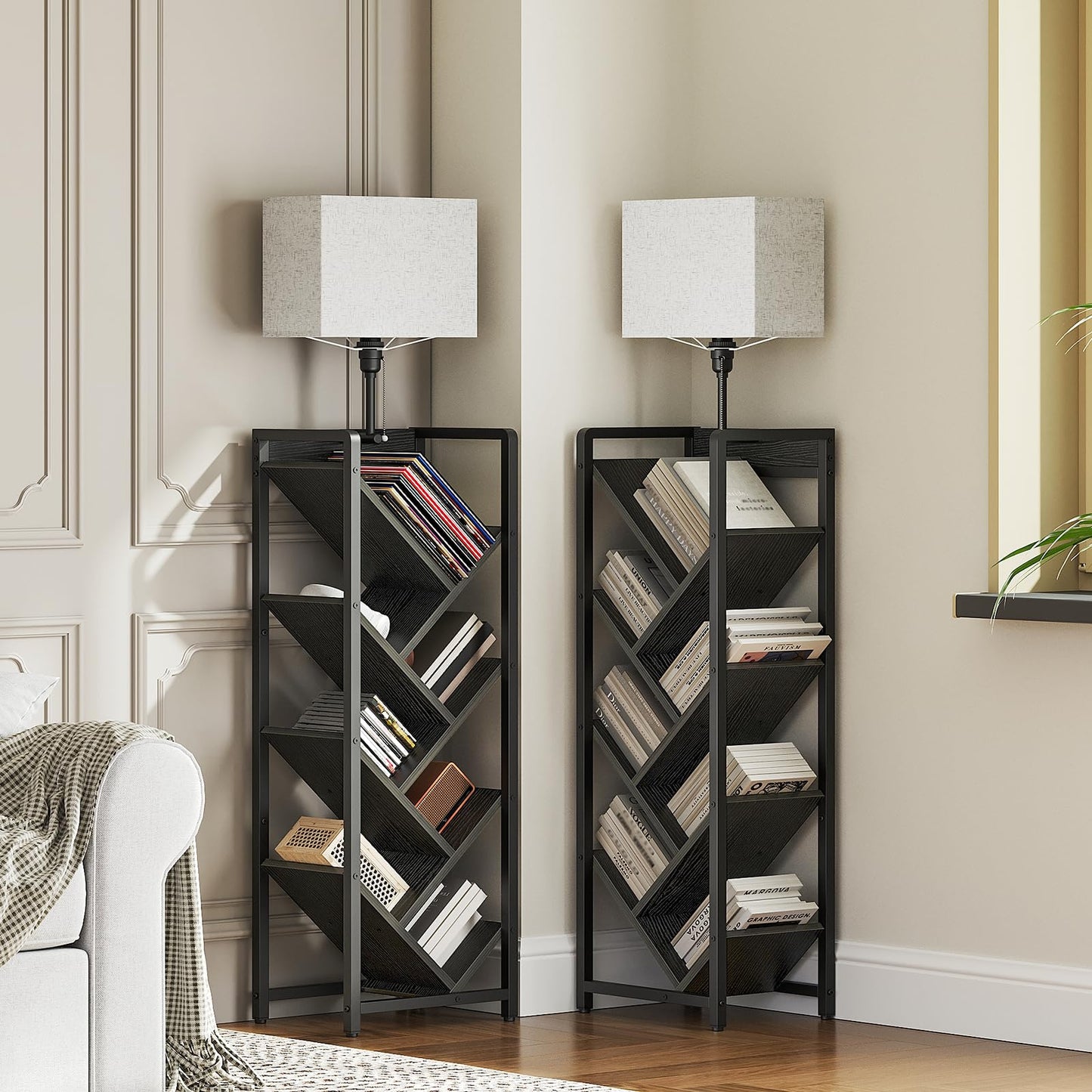 YATINEY Tree Bookshelf with Light, 6-Tier Book Shelf, Wooden Bookcase for Narrow Space, Floor Standing Tall Bookshelf, Modern Corner Display Shelf, Black SJ08DBB