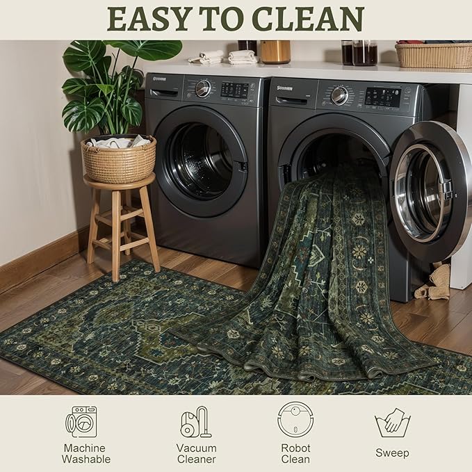Tangsoo 2x6 Green Washable Runner Rug for Hallways, Non Slip Vintage Runner Rug, Soft Low Pile Long Rug Runner, Print Carpet Runners for Kitchen Bedroom Entryway Bathroom Living Room Olive Green