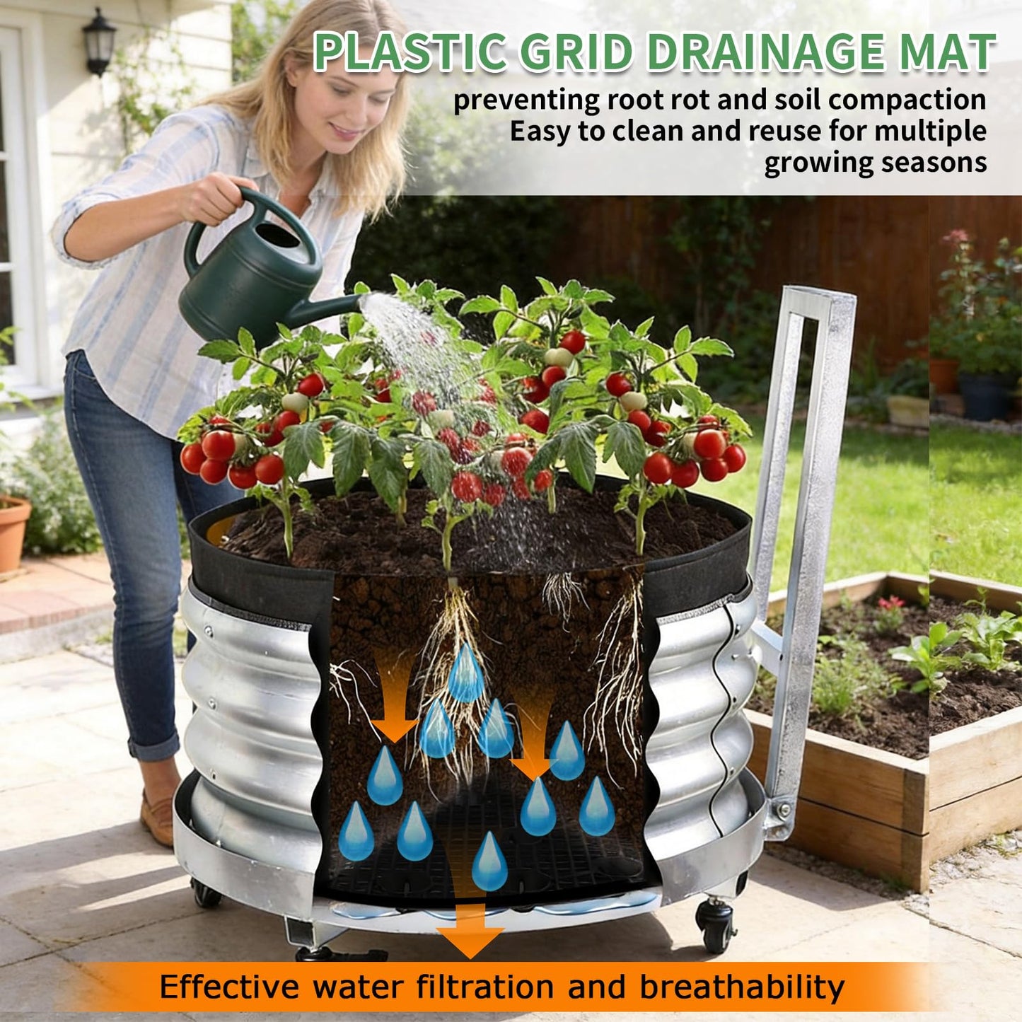 Rolling Planter Metal Raised Garden Bed Outdoor with Wheels, 2×2×1.5ft Galvanized Large Tree Pots with Rubber Edge, Includes Geotextile Liner, Mesh Drainage Tray, Mobile Vegetable Flower Planter Box