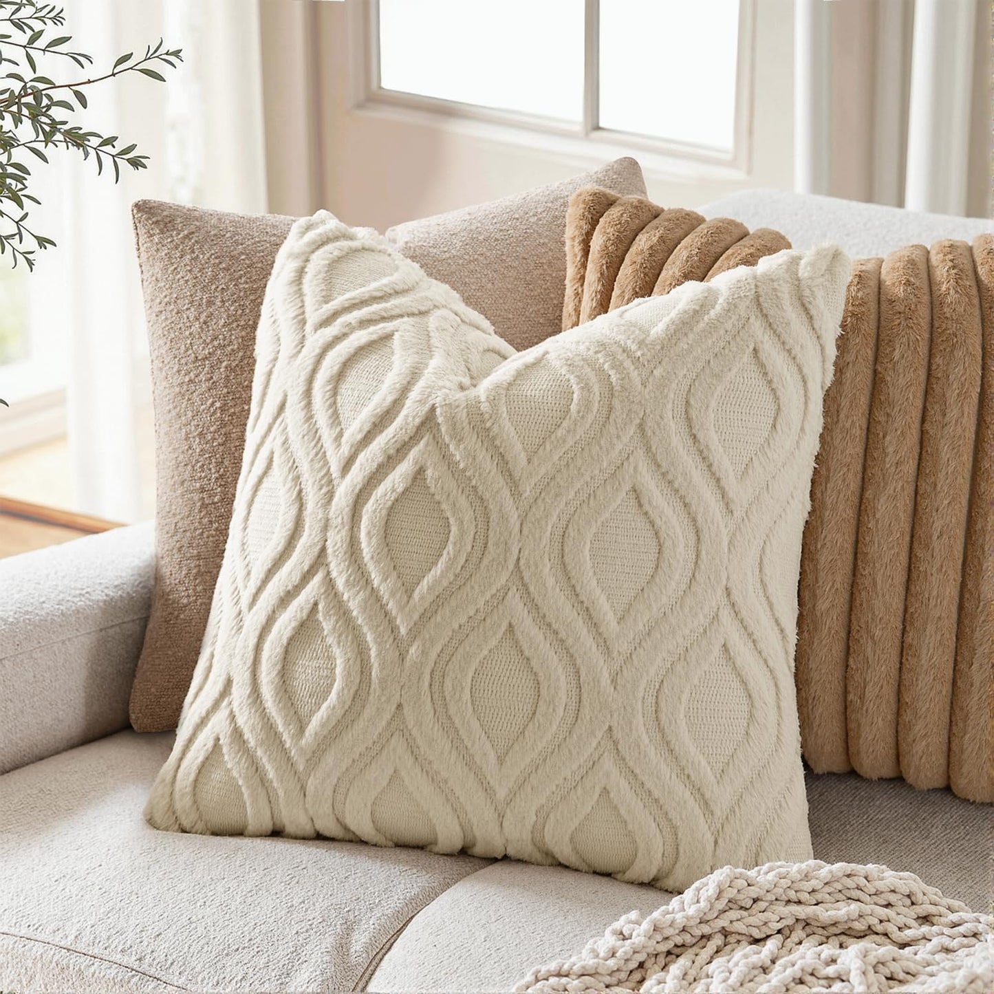 MIULEE Spring Beige Throw Pillow Covers 24x24 Inch, Neutral Soft Plush Faux Wool Solid Couch Pillows Euro Shams Set of 2, Decorative Farmhouse Boho Cushion Covers for Sofa Living Room Bed Home Decor