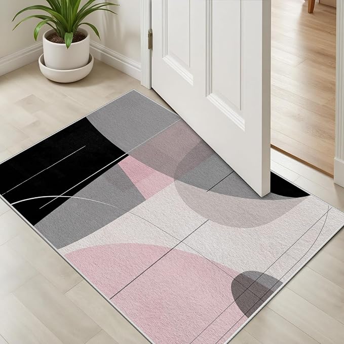 Abstract Art Line Living Room Area Rugs 7x10, Modern Boho Geometric Print Rug, Minimalist Washable Non Slip Neutral Soft Carpet for Bedroom, Dining Room Office Playroom, Black Gray