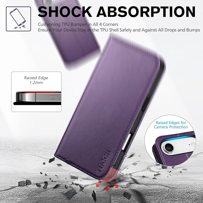 TUCCH Wallet Case for iPhone Air (6.5") 2025, 3 Credit Card Slot | RFID Blocking | Stand | PU Leather | Protective Flip Folio Cover | Shockproof TPU Interior Shell | Dark Purple