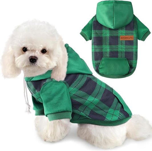 BAOBICUTE Dog Basic Hoodie Soft Dog Clothes Cold Weather Sweaters for Medium Large Dogs Cozy Fabric Warm Sweatshirt with Leash Hole (Green Plaid, S (Back: 12.6",Chest:18.11", Neck: 13.78"))