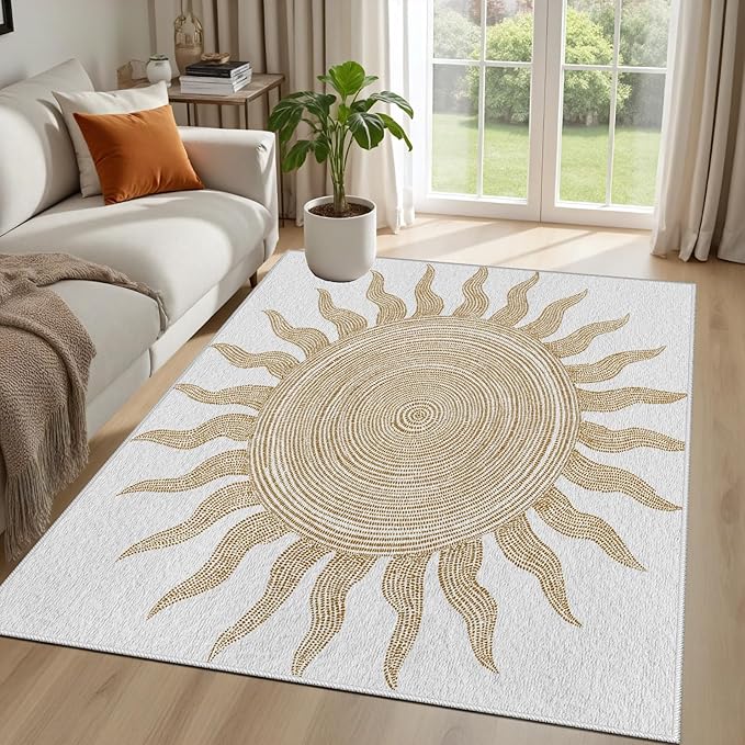 Boho Washable Rugs for Bedroom 5x6, Modern Sun Print Soft Minimalism Area Rug, Non Slip Low Pile Abstract Carpet for Classroom Living Room Decor Dining Room Sofa Kids Nursery Room, Beige Yellow