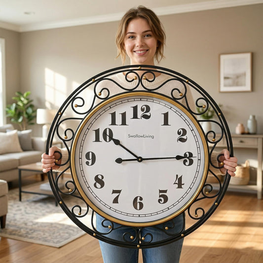 SwallowLiving 30 Inch Vintage Iron Large Black Metal Frame Wall Clock Silent, Battery Operated, Elegant Retro Decor for Living Room, Kitchen, Office, Dining Room, and Bedroom