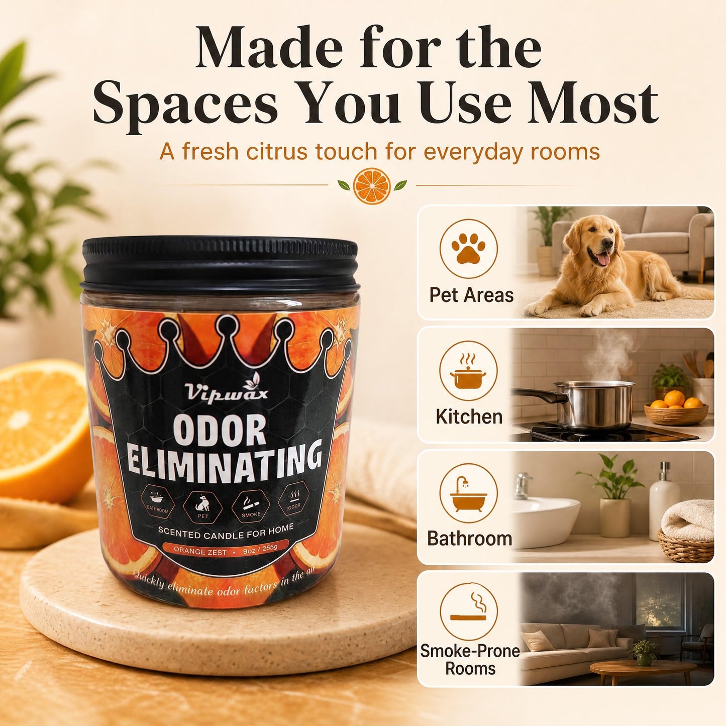 VIPwax Orange Odor Eliminating Candles for Home Scented, Eliminates 99% of Pet, Smoke, Food and Other Smells Quickly, Highly Fragranced Candle, Premium Soy Candles Set for Women