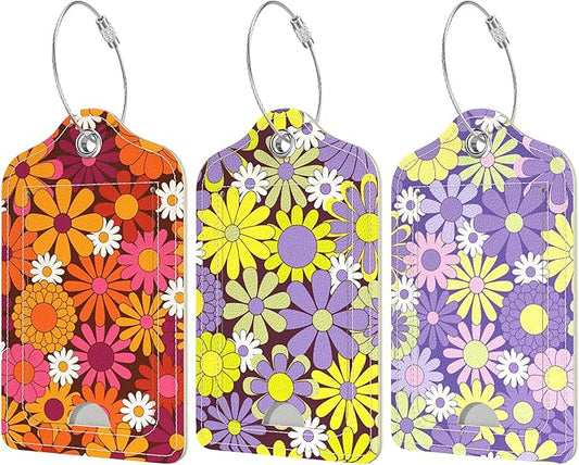 Rimilak 3 Pcs PU Leather Luggage Tags for Suitcase, Travel Cruise Luggage Tag with Privacy Flap, Name ID Label and Metal Loop for Women Men Baggage Handbag School Bag Backpack, Small Flower
