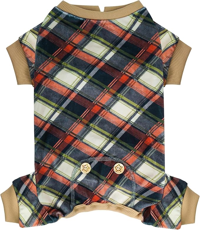 KYEESE Dog Pajamas Lightweight Pjs Comfy Pet Clothes Velvet Doggie Jammies Soft Coat Plaid Dog Pajamas for Small Dogs Boy Girl Stretchy Onesie, Khaki, X-Large