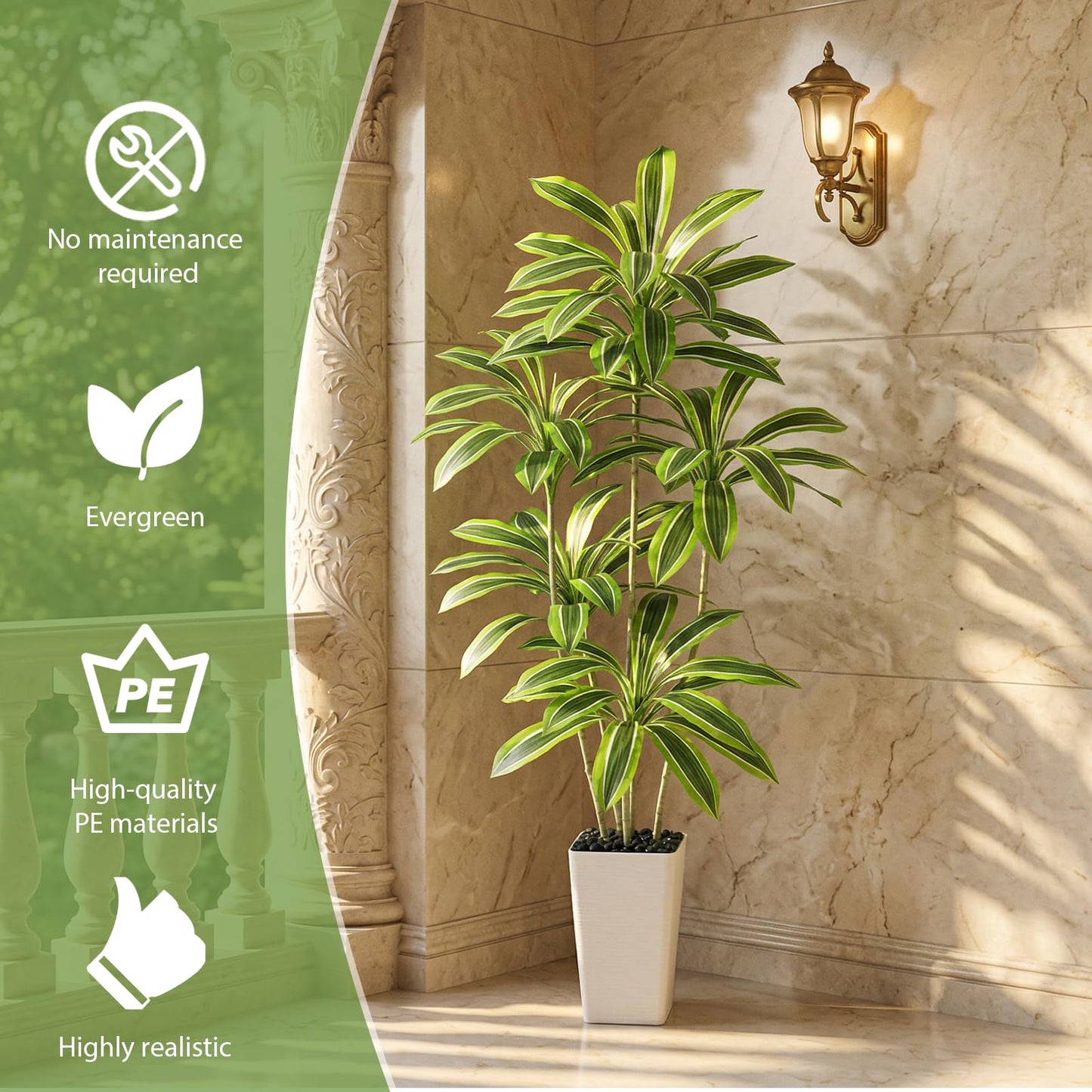 Artificial Yellow Dracaena Tree, 6FT Artificial Plants Indoor with White Tall Planter, Faux Yucca Silk Tree Fake Tropical Floor Plant in Pot, Fake Plants for Home Room Office Entryway Porch Decor