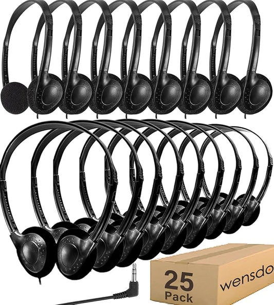 Kids Headphones Bulk 25 Pack for School Classroom K-12, Wholesale Wired Adjustable Headsets for Students Teens Children Gift and Adult (HY857,25 Black)