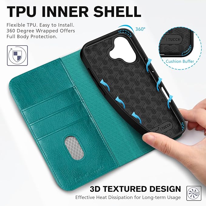 TUCCH Case Wallet for iPhone 17 (6.3-Inch) 2025, 3 Card Slots | Kickstand | RFID Blocking | PU Leather | Protective Flip Folio Cover | TPU Shockproof Interior Shell | Cyan