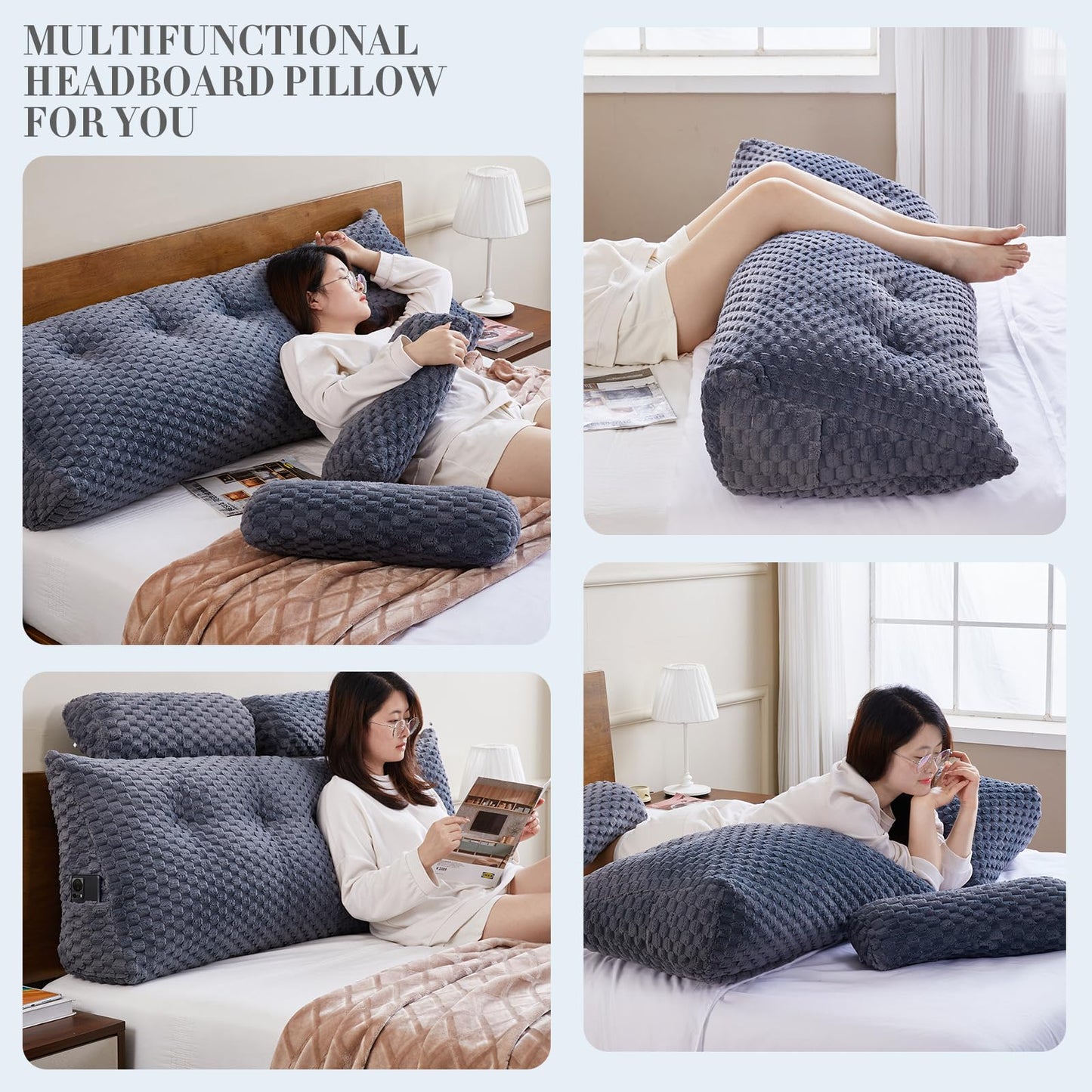 Wedge Headboard Pillow Queen- Bed Wedge Pillow for Headboard Triangular Headboard Pillow with Neck Roll Pillow-Large Bolster for Sitting in Bed Backrest Positioning Support (Grey,59x8x20 Inches)
