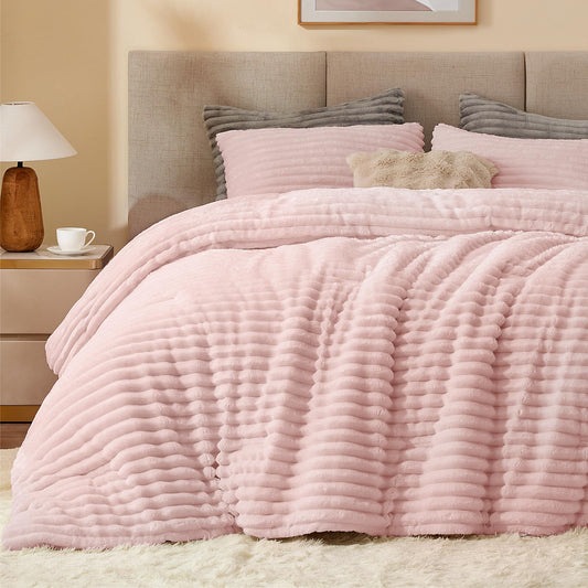 BEDELITE Fleece Queen Comforter Set -Super Soft & Warm Fluffy Pink Bedding, Luxury Fuzzy Heavy Bed Set for All Season with 2 Pillow Cases