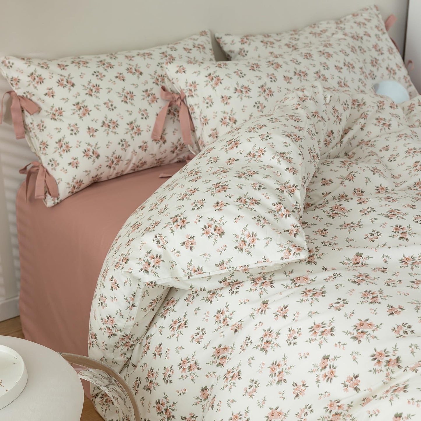 mixinni Soft Aesthetic Cotton Blush Flower Pattern 2 Piece Queen Size Bow Tie Pillow Cases 20 x 26 Inches Set of 2