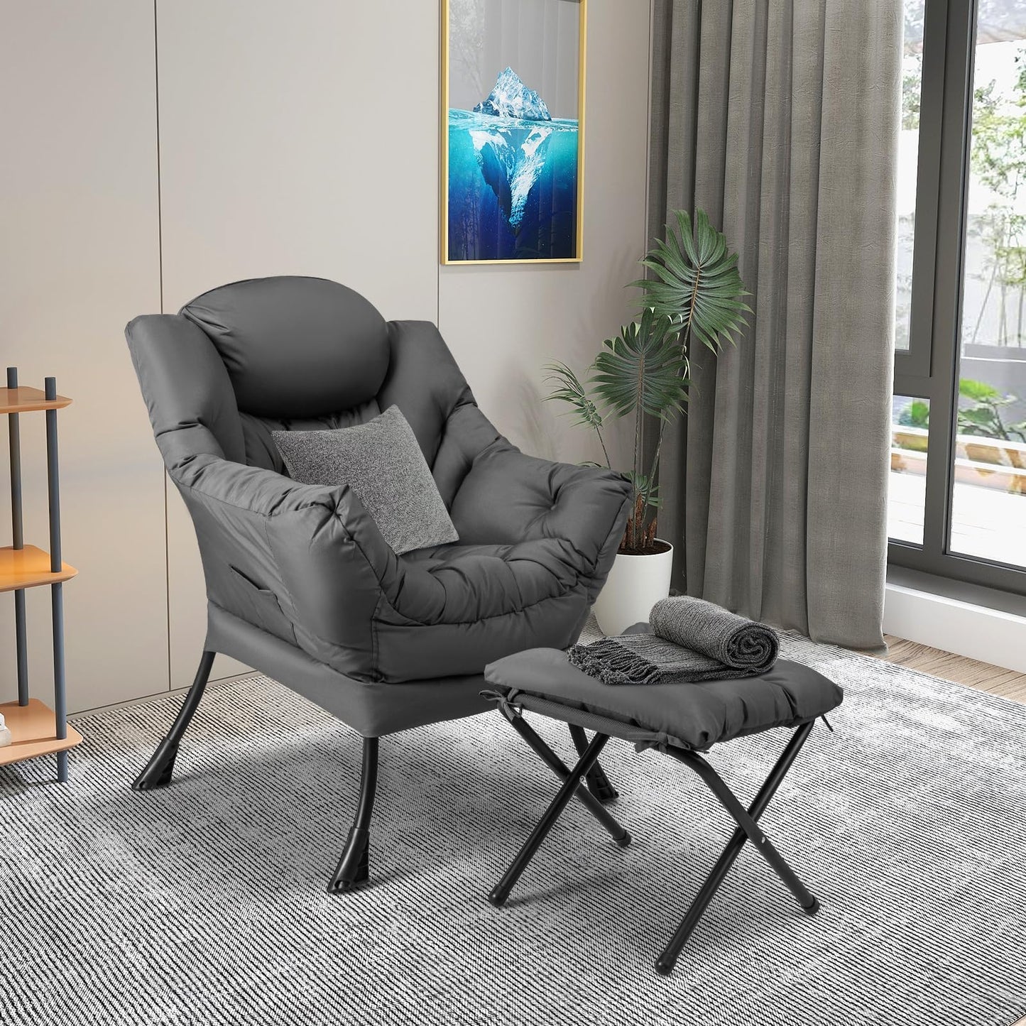 KOMFOTT Lazy Chair with Ottoman, Leisure Upholstered Reading Sofa Chair with Armrests & Side Pocket, Modern Lounge Accent Chair with Folding Footrest for Living Room, Bedroom, Balcony, Grey