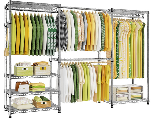 Ulif E1 Heavy Duty Closet Garment Rack, 6 Tiers Adjustable Metal Freestanding Expandable Clothing Storage with 4 Hanger Rods, Easy to Assemble Wardrobe, 71.4" H x (70" - 88.2") L x 14" D, Chrome
