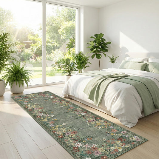 KUEAO 2x6 Kitchen Runner Rug for Hallway, Washable Runner Rug with Non Slip Backing, Low Pile Soft Boho Floral Carpet for Kitchen Hallway Entryway Laundry Bedroom 24x72 Inch Green