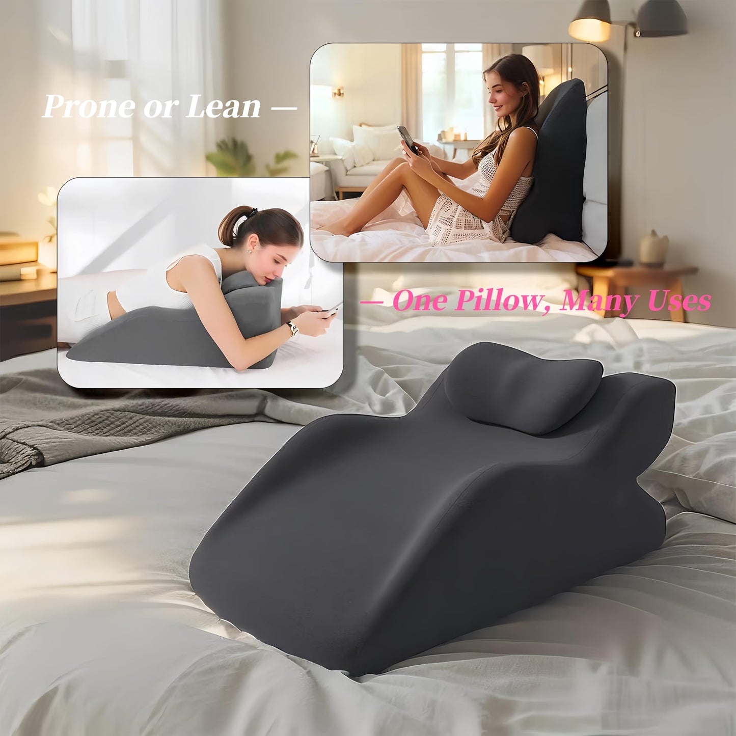 Multi-Functional Pillow Ergonomic Wedge Backrest with Wide Applications, Memory Foam Cushion for Sleeping and Reading, Prone Pillow with Superior Neck & Shoulder Support (Dark Gray)