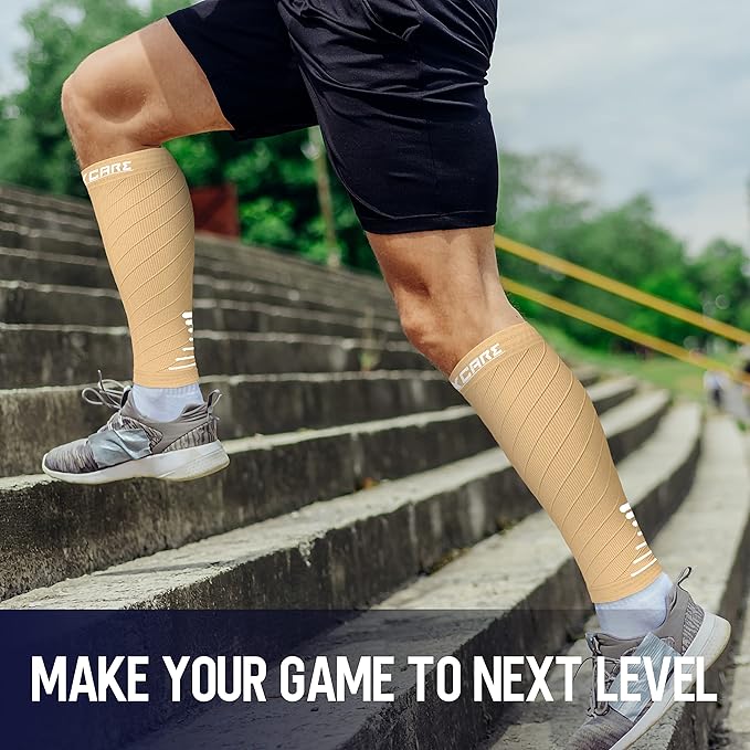 Thoxcare Calf Compression Sleeve for Men Women (2 Pairs), Leg Support Footless Compression Socks for Running - Shin Splint Varicose Veins Swelling & Pain Relief, Beige/White, Medium
