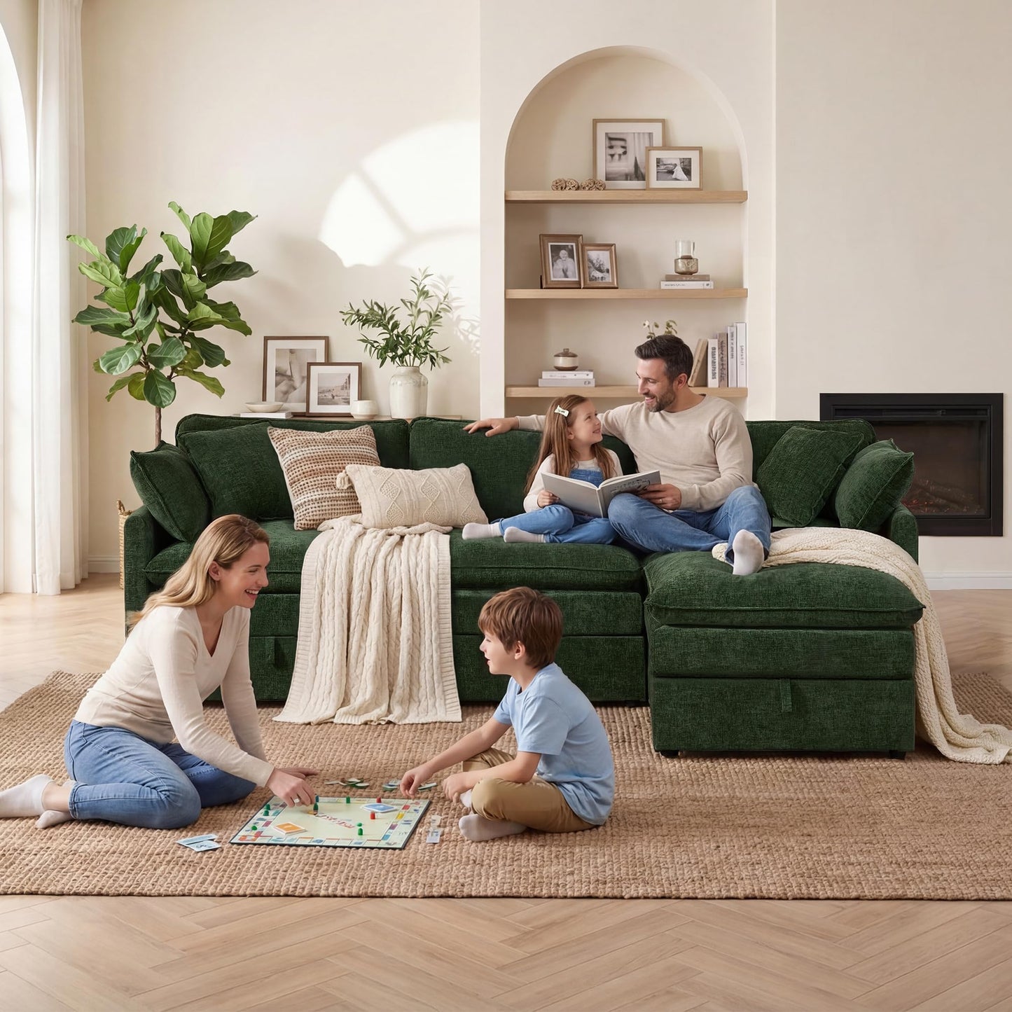 WorthFurni Modular Sectional Sofa with Storage Ottomans,102" L-Shaped Cloud Couch,Comfy Modern Couches with Pillows & Upholstered Deep Seat Cushion for Apartment Living Room Bedroom（Green）