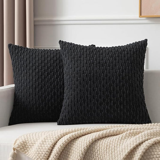Kevin Textile Pack of 2 Corduroy Decorative Throw Pillow Covers 26x26 Inch Soft Boho Striped Pillow Covers Modern Farmhouse Home Decor for Spring Sofa Living Room Couch Bed Black