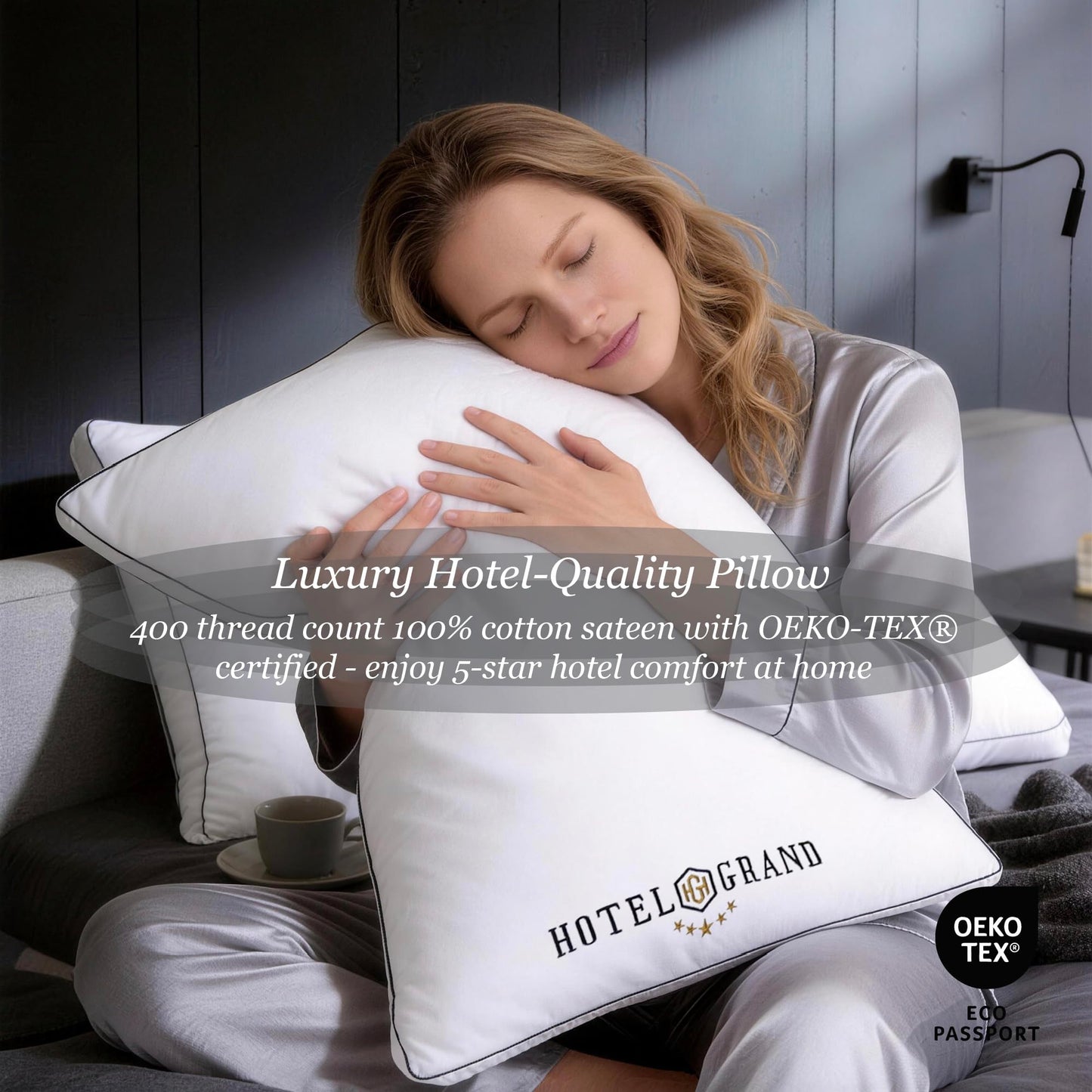 Hotel Grand King Pillows Set of 2, Gusseted Firm Support Down Alternative Pillows for Side, Back or Stomach Sleepers, 400 Thread Count 100% Cotton Cover, 18x36 Inches