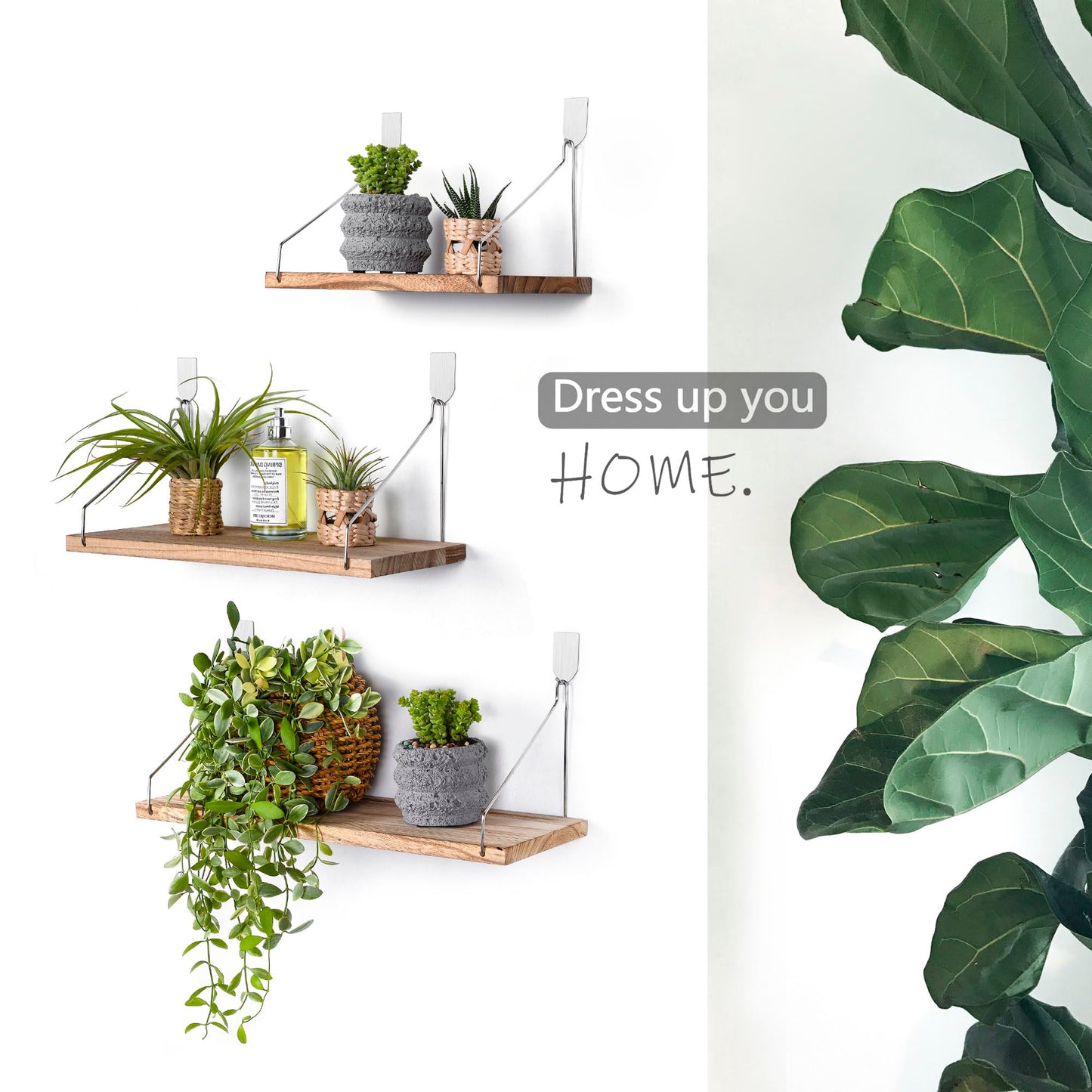 MITIME Floating Shelves Set of 3 Rustic Solid Wood Floating Shelf Wall Storage Shelves for Living Room, Bedroom, Bathroom, Kitchen Laundry, Office,no Drill Shelf (Light Color L+M+S)