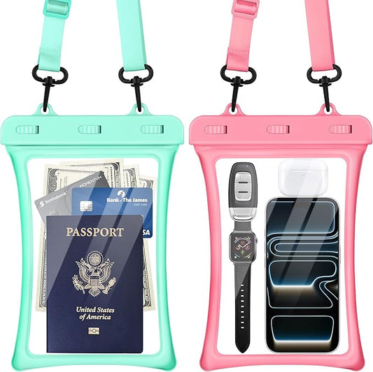 CACOE [Floatable Floating Universal IPX8 Waterproof Phone case 2 Pack-Up to 10.0",Adjustable Lanyard Phone Pouch,Cellphone Dry Bags for Vacation Beach Pool Kayak Cruise Travel Essentials（Pink+Green）