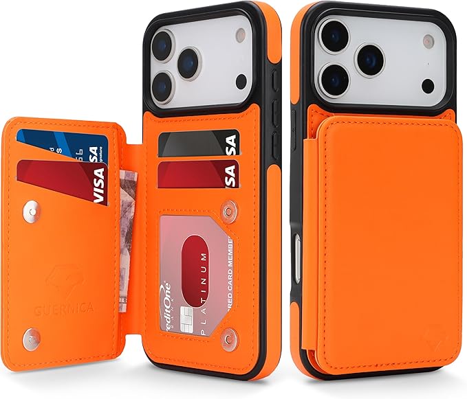 GUERNICA for iPhone 17 Pro (6.3") Case Wallet with Card Holder, RFID Blocking Leather Protection, Shockproof Women Men Phone Case for Apple 17 Pro, Orange