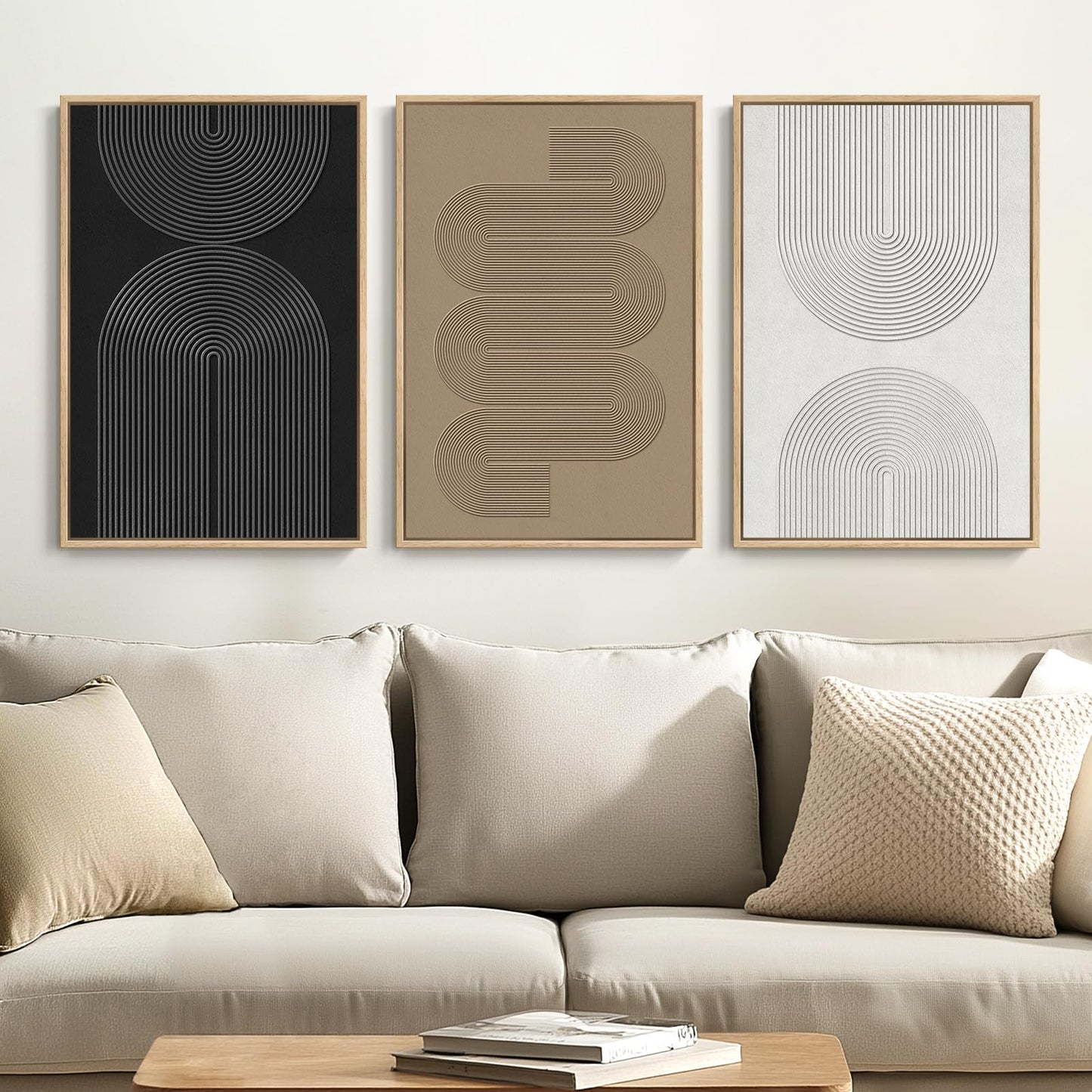 Framed Black and White Brown Abstract Wall Art, 3 Piece Boho Geometric Canvas Prints Paintings Artwork for Walls, Modern Minimalist Neutral Pictures for Living Room Dining Room Bedroom Wall Decor 16x24 In