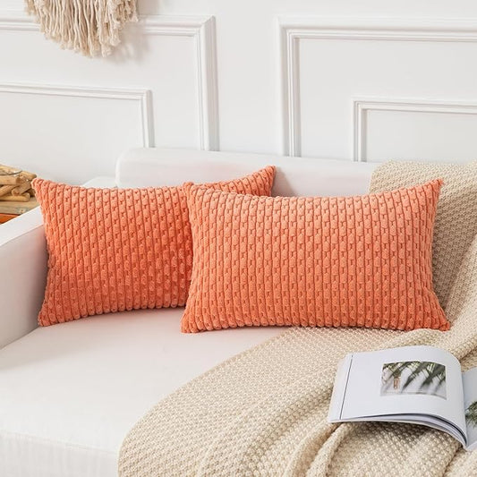 Kevin Textile Throw Pillow Covers Soft Corduroy Valentines Day Decorative Set of 2 Boho Striped Pillow Covers Pillowcases Farmhouse Home Decor for Couch Bed Sofa Living Room 12x20 Inch Coral Red