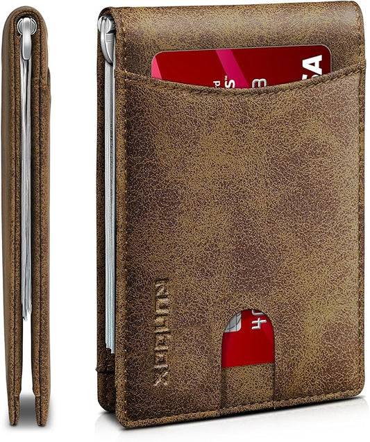 RUNBOX Slim Wallet for Men Genuine Leather RFID Blocking Bifold Minimalist Front Pocket Mens Wallet with Money Clip Thin Gift Box