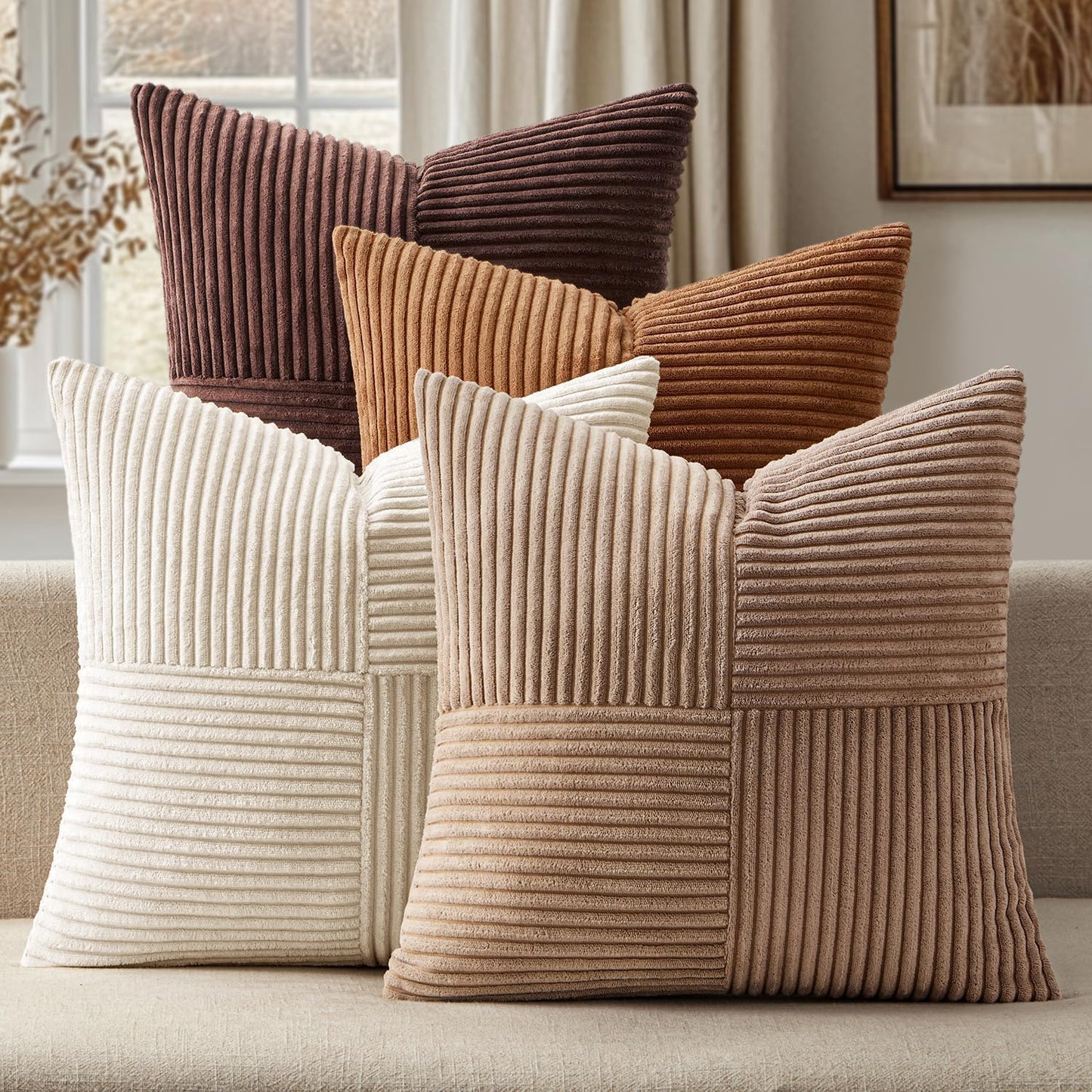ANRODUO Pack of 4 Decorative Throw Pillows for Couch Gold Brown 18x18 Inch Boho Cozy Soft Corduroy Cushion Covers Farmhouse Accent Pillowcases for Mid Century Summer Home Decor Sofa Bed Living Room