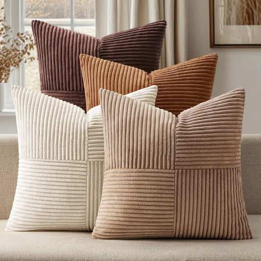 ANRODUO Pack of 4 Decorative Throw Pillows for Couch Gold Brown 18x18 Inch Boho Cozy Soft Corduroy Cushion Covers Farmhouse Accent Pillowcases for Mid Century Summer Home Decor Sofa Bed Living Room