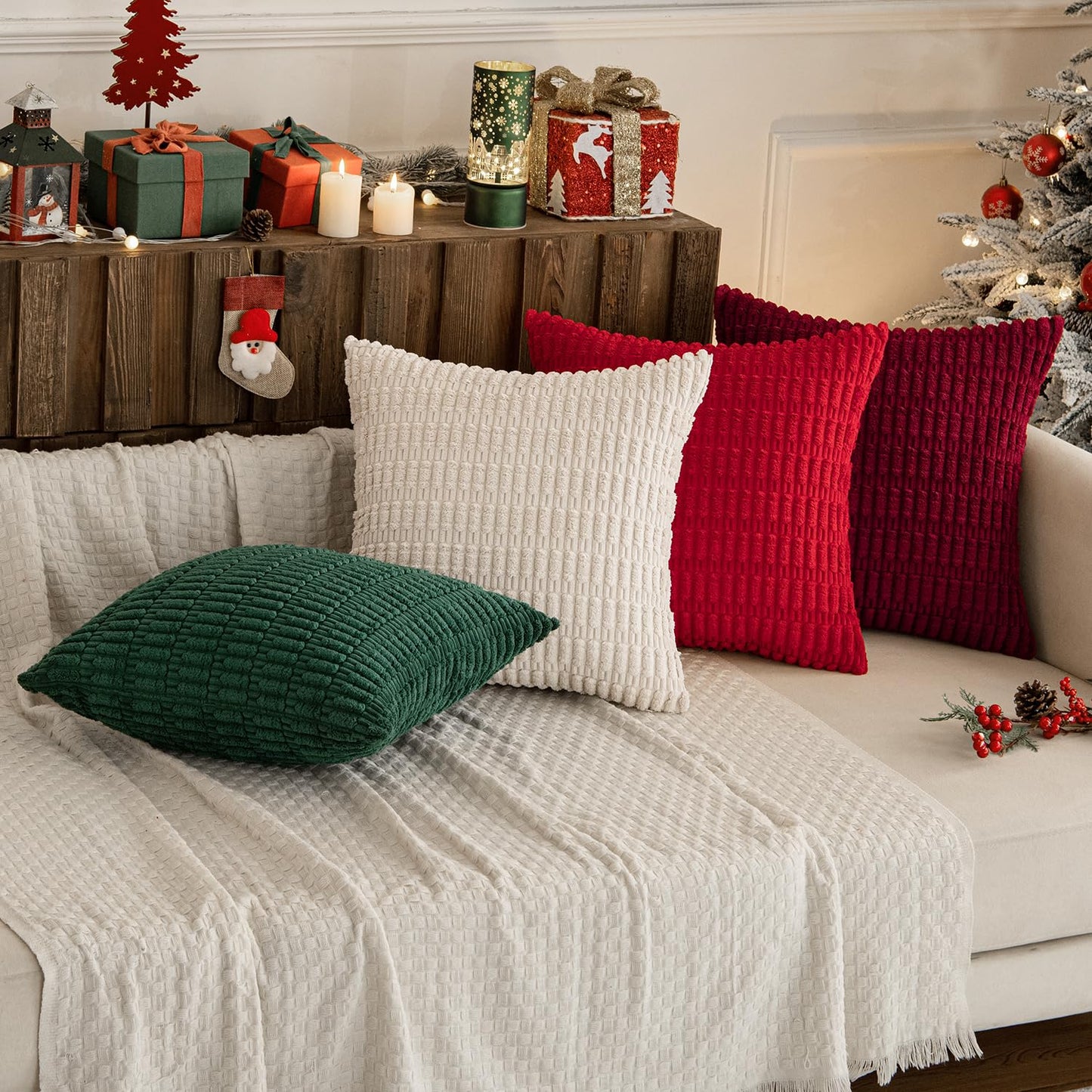 MIULEE Pack of 4 Christmas Boho Farmhouse Red and Green Corduroy Decorative Throw Pillow Covers 18x18 Inch Retro Soft Striped Pillow Covers Home Decor for Sofa Living Room Couch Bed