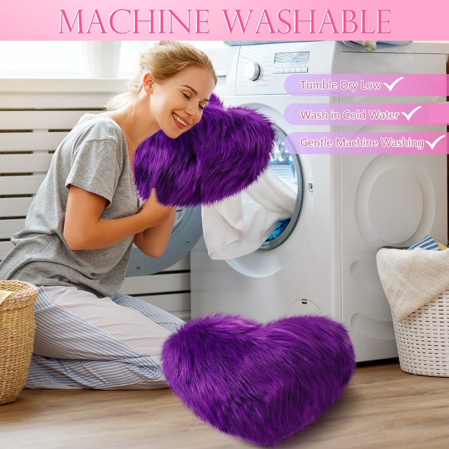 Maitys 2 Pcs Heart Shaped Pillows 12 x 16 Inch Faux Fur Throw Fluffy Cute Soft Throw Pillows Decorative with Insert for Anniversary Bedroom Living Room Sofa Couch (Violet)