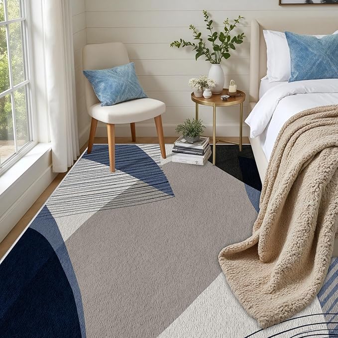 Abstract Art Line Living Room Area Rugs 8x10, Modern Boho Geometric Print Soft Rug, Minimalist Washable Non Slip Neutral Carpet for Bedroom, Dining Room Office Playroom, Navy Blue Gray